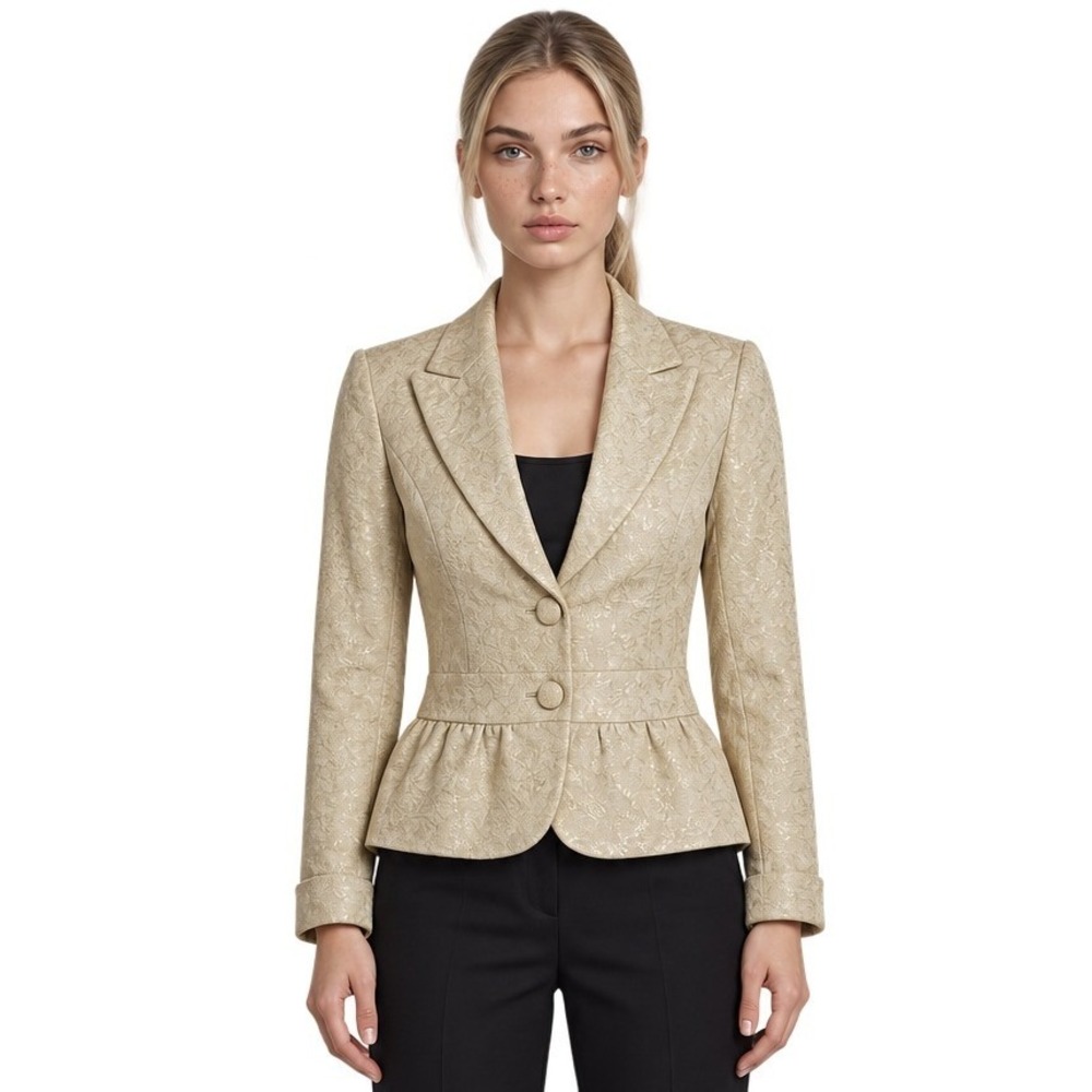 Lafayette 148 Blazer Women's Size 6 Gold Floral Jacquard Peplum Metallic Jacket
